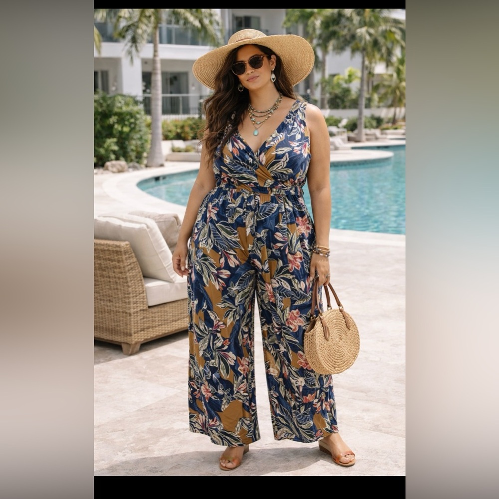 New Directions Floral Jumpsuit - Blue and Brown